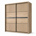 Armadio moderno con 2 ante scorrevoli, effetto rovere naturale e nero, 200 × 60 × 220 cm