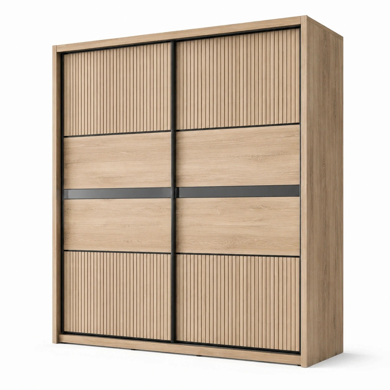 Armadio moderno con 2 ante scorrevoli, effetto rovere naturale e nero, 200 × 60 × 220 cm