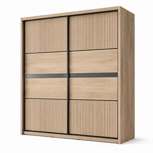 Armadio moderno con 2 ante scorrevoli, effetto rovere naturale e nero, 200 × 60 × 220 cm