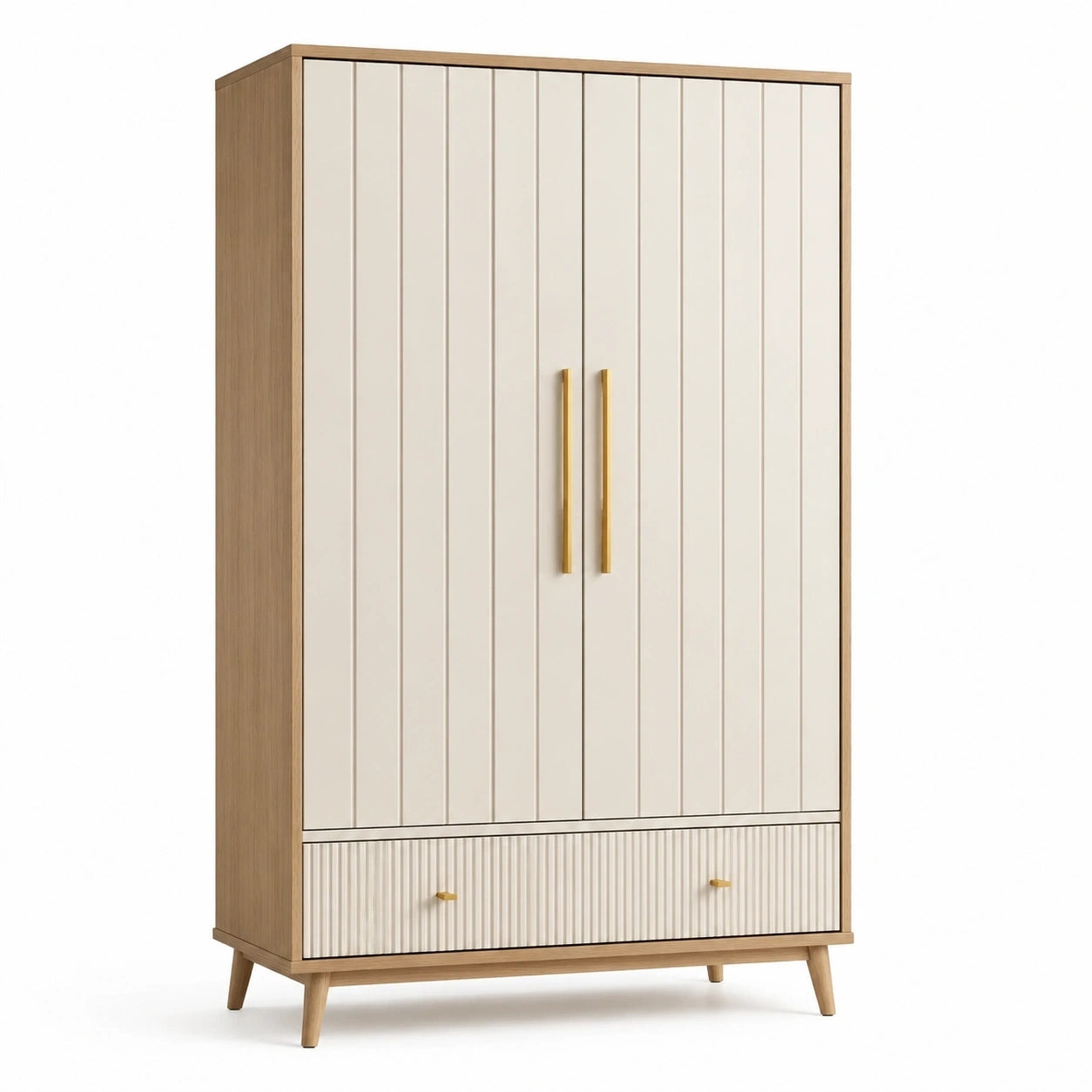 Armadio moderno beige e legno naturale con 2 ante e 2 cassetti, 120 × 55 × 190 cm