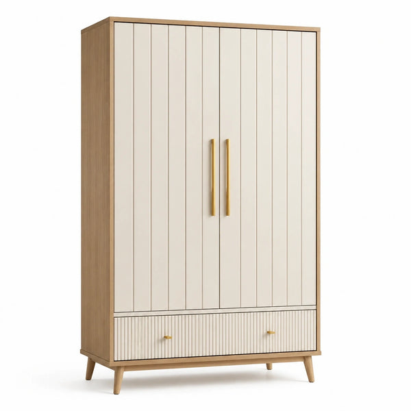 Armadio moderno beige e legno naturale con 2 ante e 2 cassetti, 120 × 55 × 190 cm