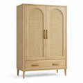 Armadio guardaroba in legno naturale e rattan con 2 ante e 1 cassetto, 100 × 50 × 170 cm