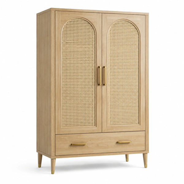 Armadio guardaroba in legno naturale e rattan con 2 ante e 1 cassetto, 100 × 50 × 170 cm