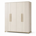 Armadio guardaroba a 4 ante in legno beige con dettagli dorati, 180 × 55 × 210 cm