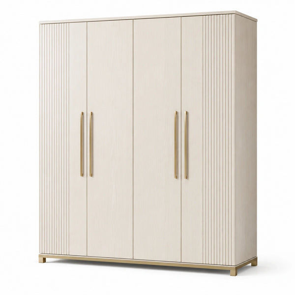 Armadio guardaroba a 4 ante in legno beige con dettagli dorati, 180 × 55 × 210 cm