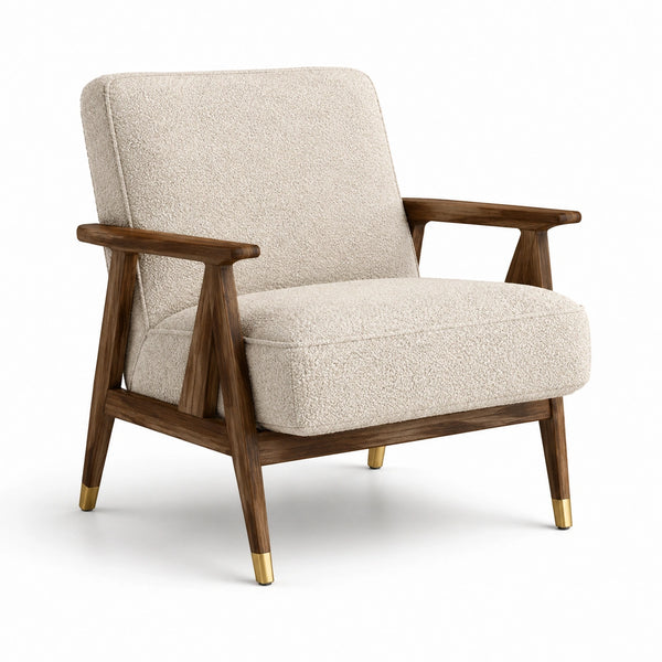 Poltrona moderna in bouclé crema e legno marrone, 78 × 82 × 86 cm