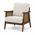 Poltrona retrò in legno marrone scuro, tessuto beige e fibra intrecciata, 72 × 80 × 86 cm