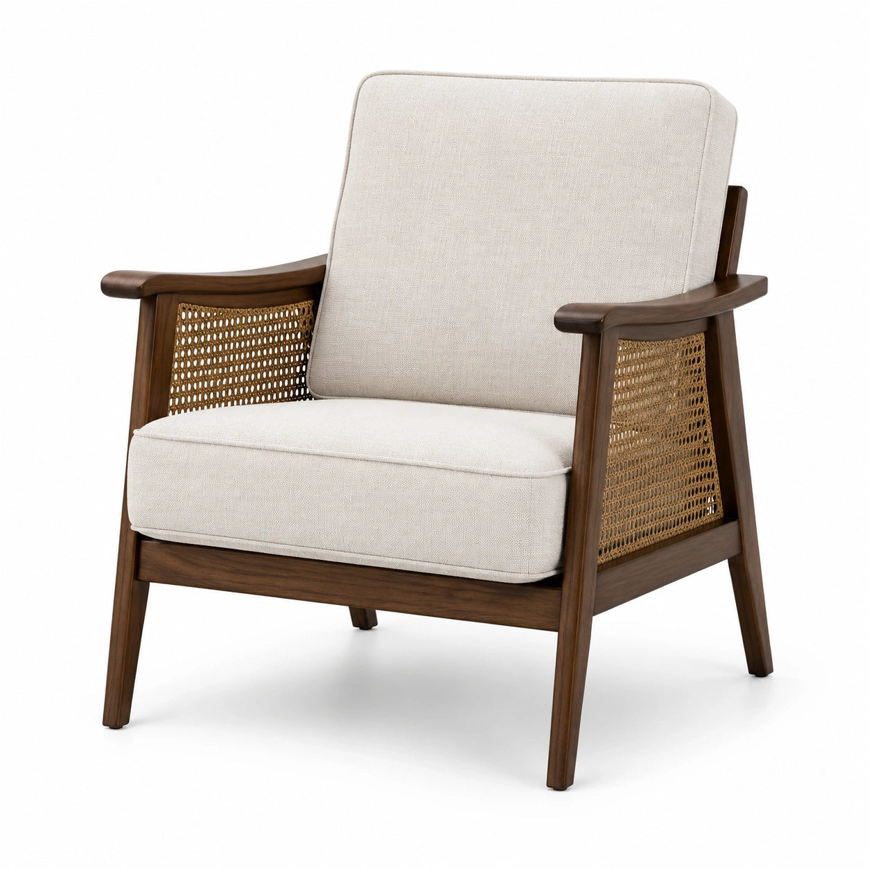 Poltrona retrò in legno marrone scuro, tessuto beige e fibra intrecciata, 72 × 80 × 86 cm