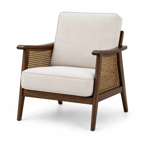Poltrona retrò in legno marrone scuro, tessuto beige e fibra intrecciata, 72 × 80 × 86 cm