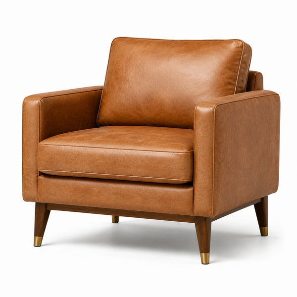 Poltrona moderna rétro 92 × 84 × 84 cm in similpelle cognac con gambe color noce e ottone