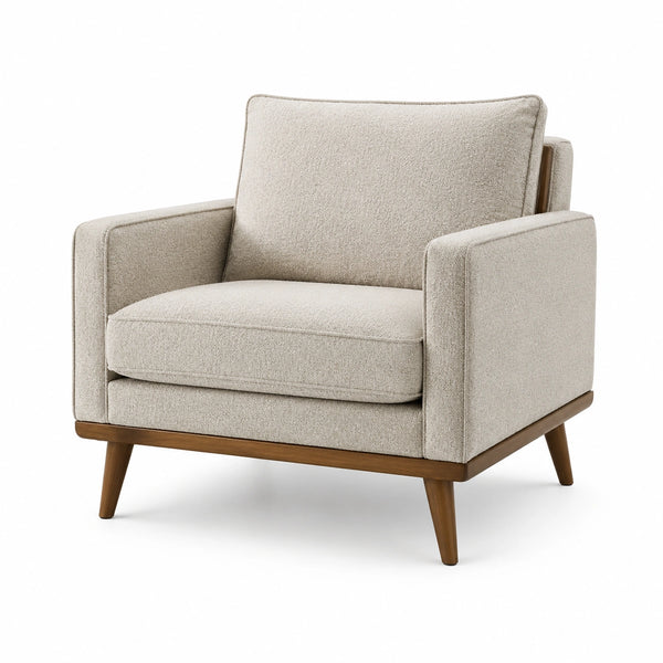 Poltrona moderna in tessuto bouclé crema con base in legno marrone, 95 × 90 × 86 cm