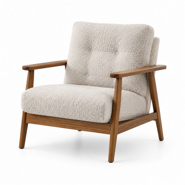 Poltrona moderna in tessuto bouclé bianco crema con struttura in legno marrone, 78 × 82 × 86 cm