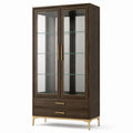 Vetrina in legno e vetro Marrone scuro/Oro/Trasparente, 90 × 40 × 190 cm, con 2 ante, 3 ripiani e 2 cassetti