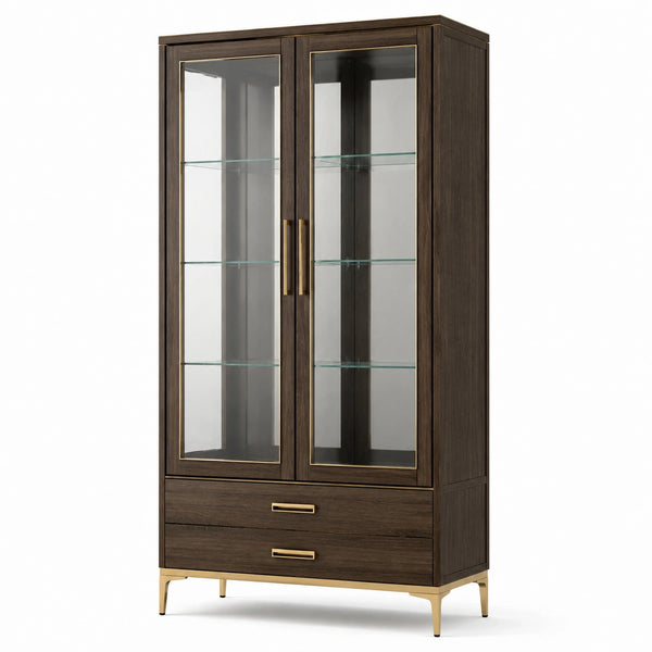 Vetrina in legno e vetro Marrone scuro/Oro/Trasparente, 90 × 40 × 190 cm, con 2 ante, 3 ripiani e 2 cassetti