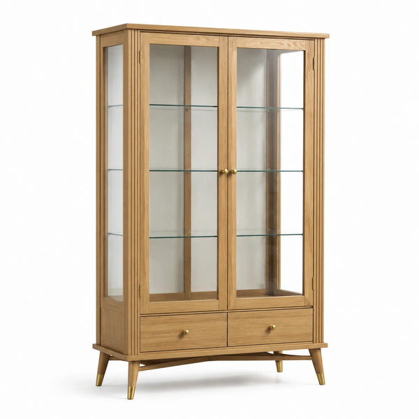 Vetrina in legno e vetro, rovere naturale, 100 × 40 × 180 cm, 2 ante, 3 ripiani e 2 cassetti
