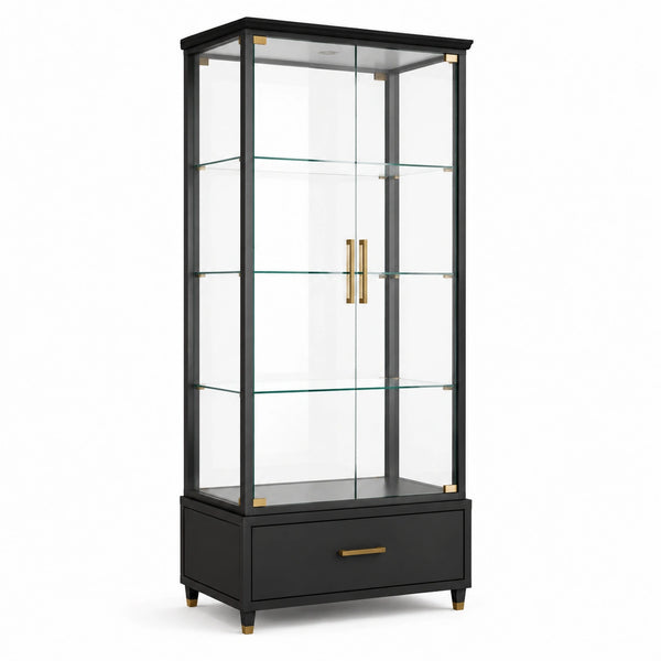 Vetrina espositiva nera con vetro trasparente e dettagli dorati, 90 × 40 × 190 cm