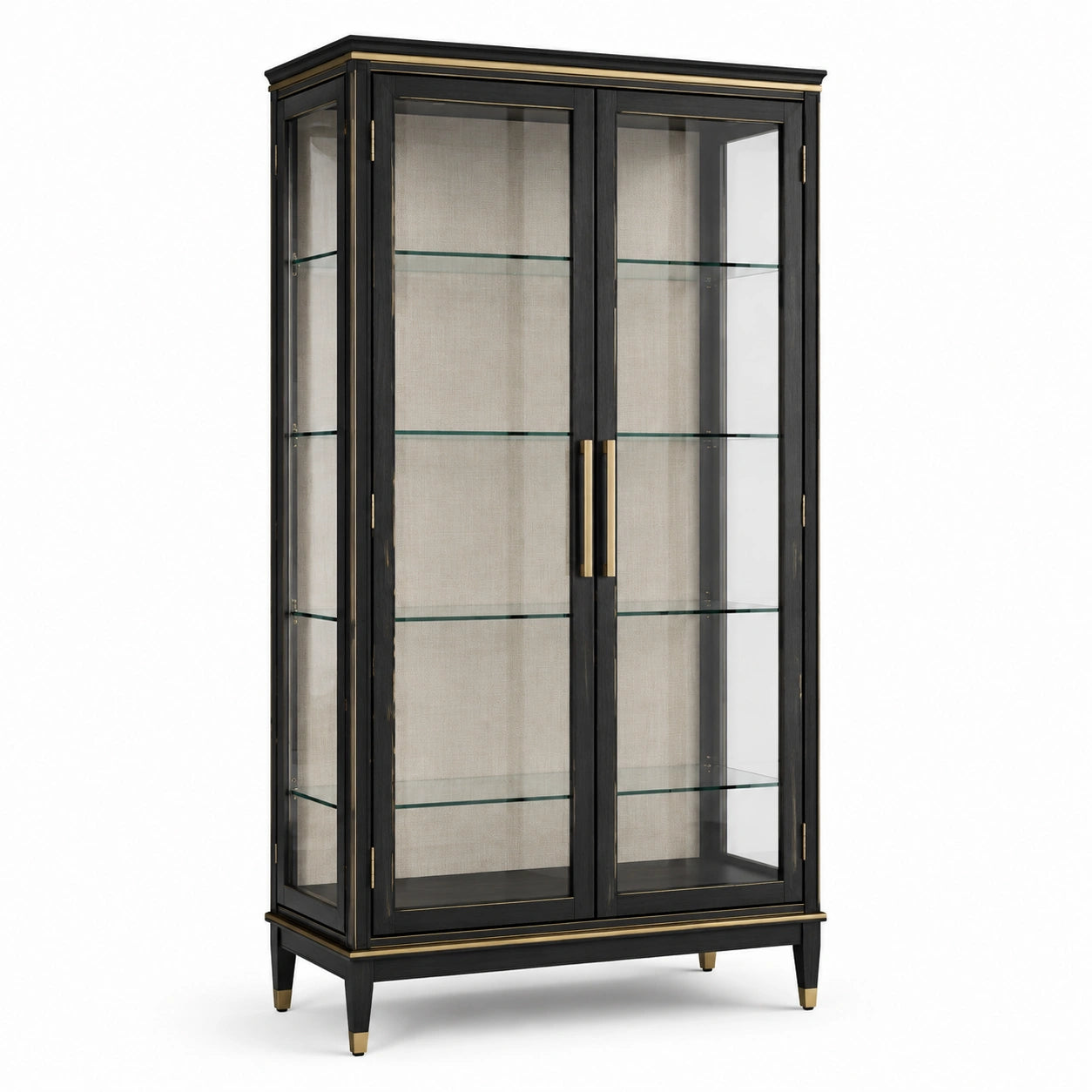 Vetrina a 2 ante in legno e vetro con 4 ripiani, Nero/Oro/Beige, 100 x 40 x 190 cm