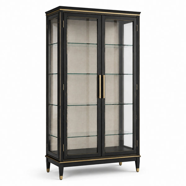 Vetrina a 2 ante in legno e vetro con 4 ripiani, Nero/Oro/Beige, 100 x 40 x 190 cm