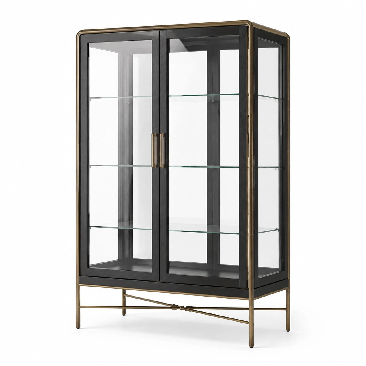 Vetrina moderna in metallo e vetro con 2 ante e 3 ripiani, 100 × 40 × 180 cm, Nero/Bronzo/Trasparente