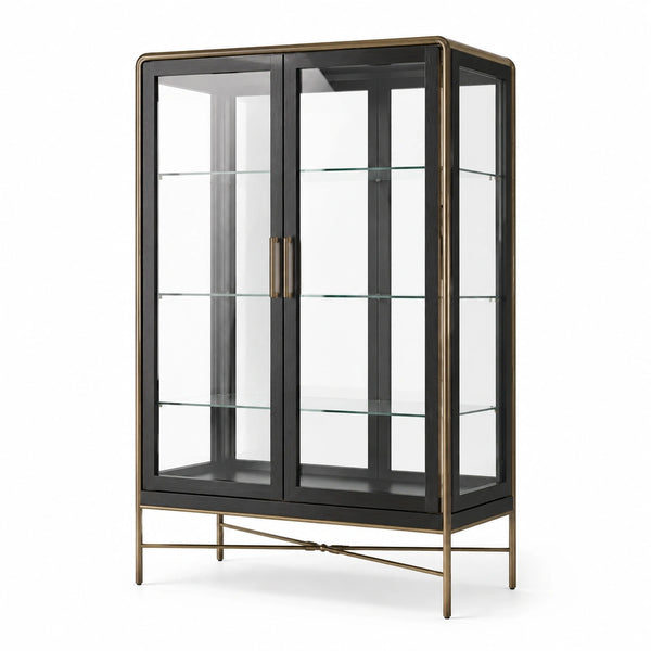 Vetrina moderna in metallo e vetro con 2 ante e 3 ripiani, 100 × 40 × 180 cm, Nero/Bronzo/Trasparente