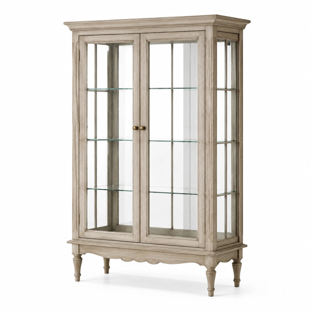 Vetrina in legno beige decapato e vetro, 110 × 45 × 190 cm, 2 ante e 3 ripiani