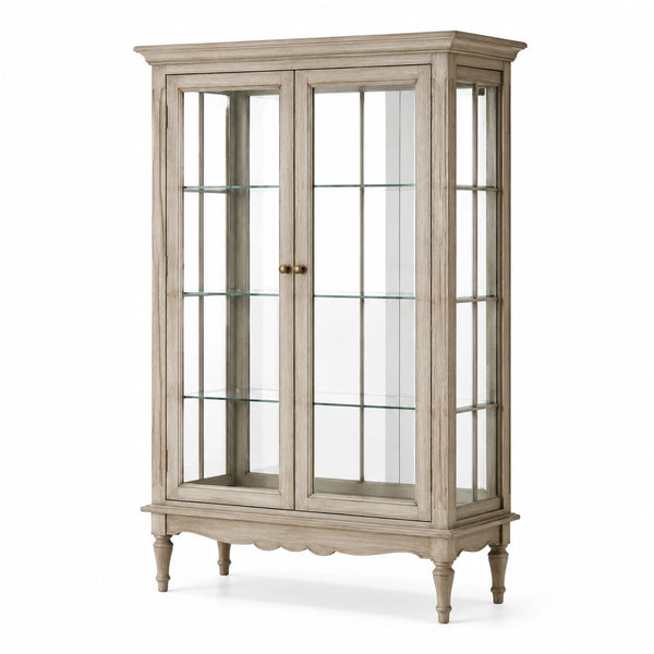 Vetrina in legno beige decapato e vetro, 110 × 45 × 190 cm, 2 ante e 3 ripiani