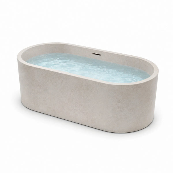 Vasca da bagno freestanding ovale moderna 170 × 80 × 58 cm in composito effetto pietra, Bianco caldo, con troppopieno