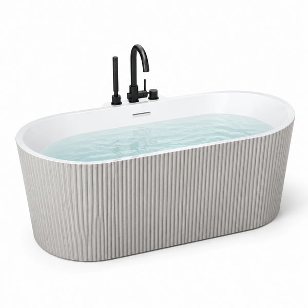 Vasca da bagno freestanding ovale in acrilico bianco e grigio con esterno scanalato, 170 x 80 x 60 cm