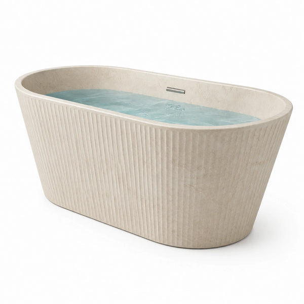Vasca da bagno freestanding ovale beige effetto pietra con superficie scanalata, 170 × 80 × 60 cm