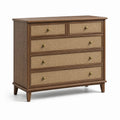 Cassettiera a 5 cassetti in legno marrone e rattan naturale, 110 × 45 × 100 cm