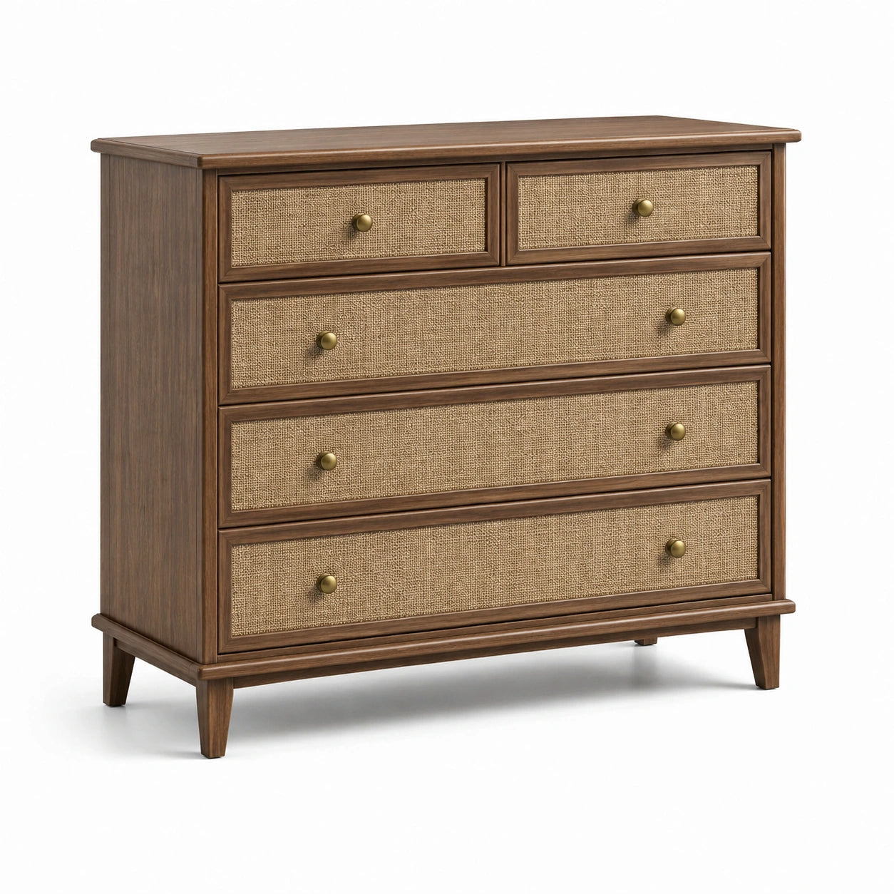 Cassettiera a 5 cassetti in legno marrone e rattan naturale, 110 × 45 × 100 cm