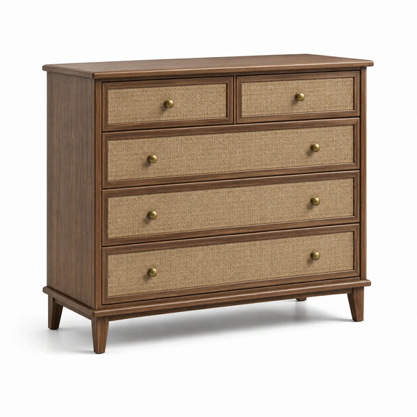 Cassettiera a 5 cassetti in legno marrone e rattan naturale, 110 × 45 × 100 cm
