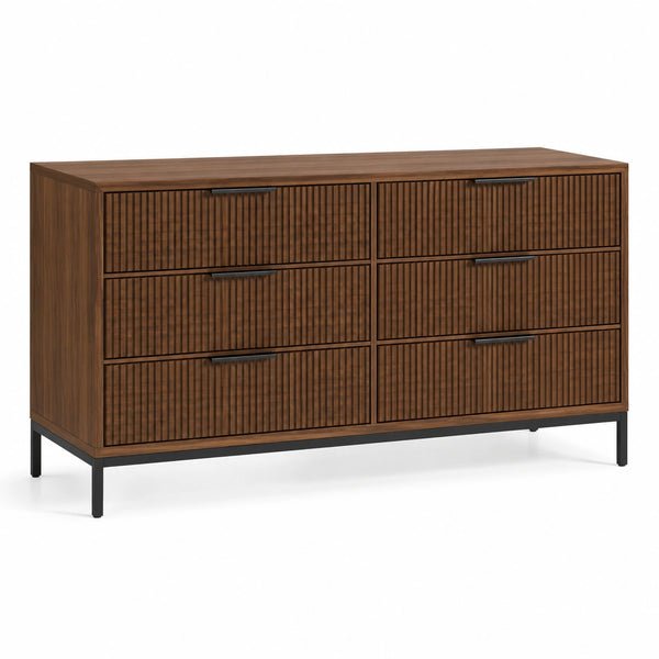 Cassettiera castano e nero 140 × 40 × 80 cm con 6 cassetti scanalati e base in metallo