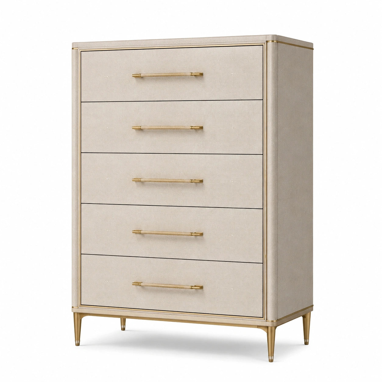 Cassettiera a 5 cassetti avorio e oro, 85 × 45 × 120 cm, stile contemporaneo