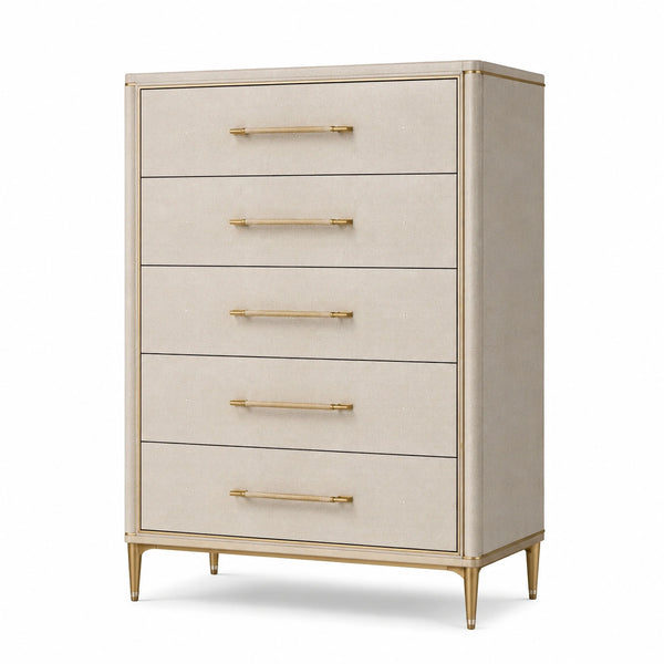 Cassettiera a 5 cassetti avorio e oro, 85 × 45 × 120 cm, stile contemporaneo