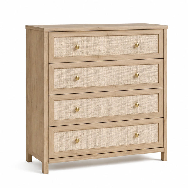 Cassettiera a 4 cassetti 90 × 40 × 100 cm, rovere chiaro, beige e oro, stile rustico moderno