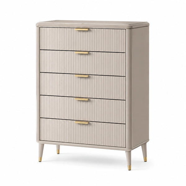 Cassettiera moderna beige con dettagli dorati, 5 cassetti, 80 × 40 × 110 cm