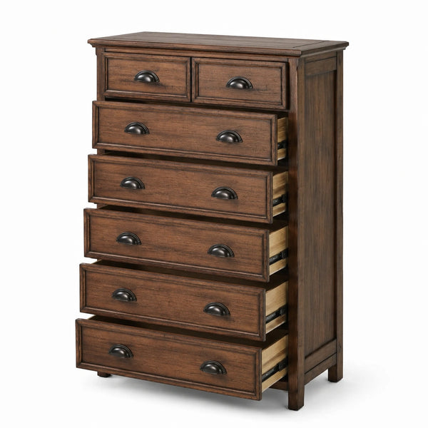 Cassettiera rustica in legno marrone con 7 cassetti, 90 × 45 × 140 cm