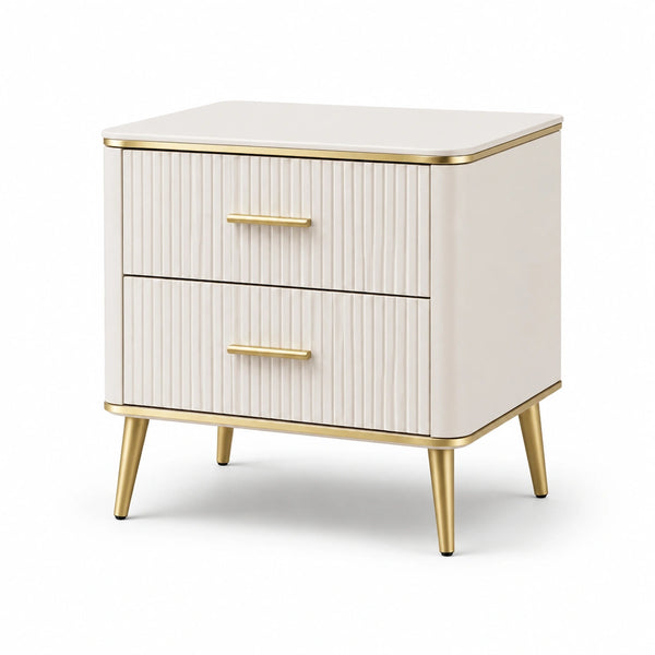 Comodino moderno con 2 cassetti, 50 × 40 × 58 cm, avorio e dorato