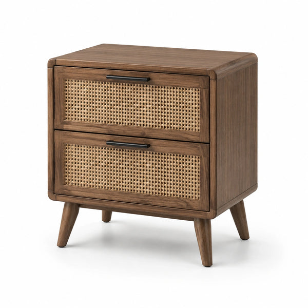 Comodino in legno marrone e rattan naturale con 2 cassetti, 50 × 40 × 60 cm, stile rétro