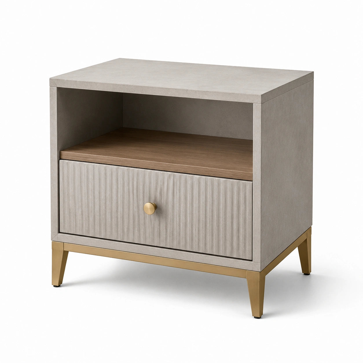 Comodino contemporaneo grigio tortora, marrone e oro con cassetto e vano aperto, 55 x 40 x 65 cm