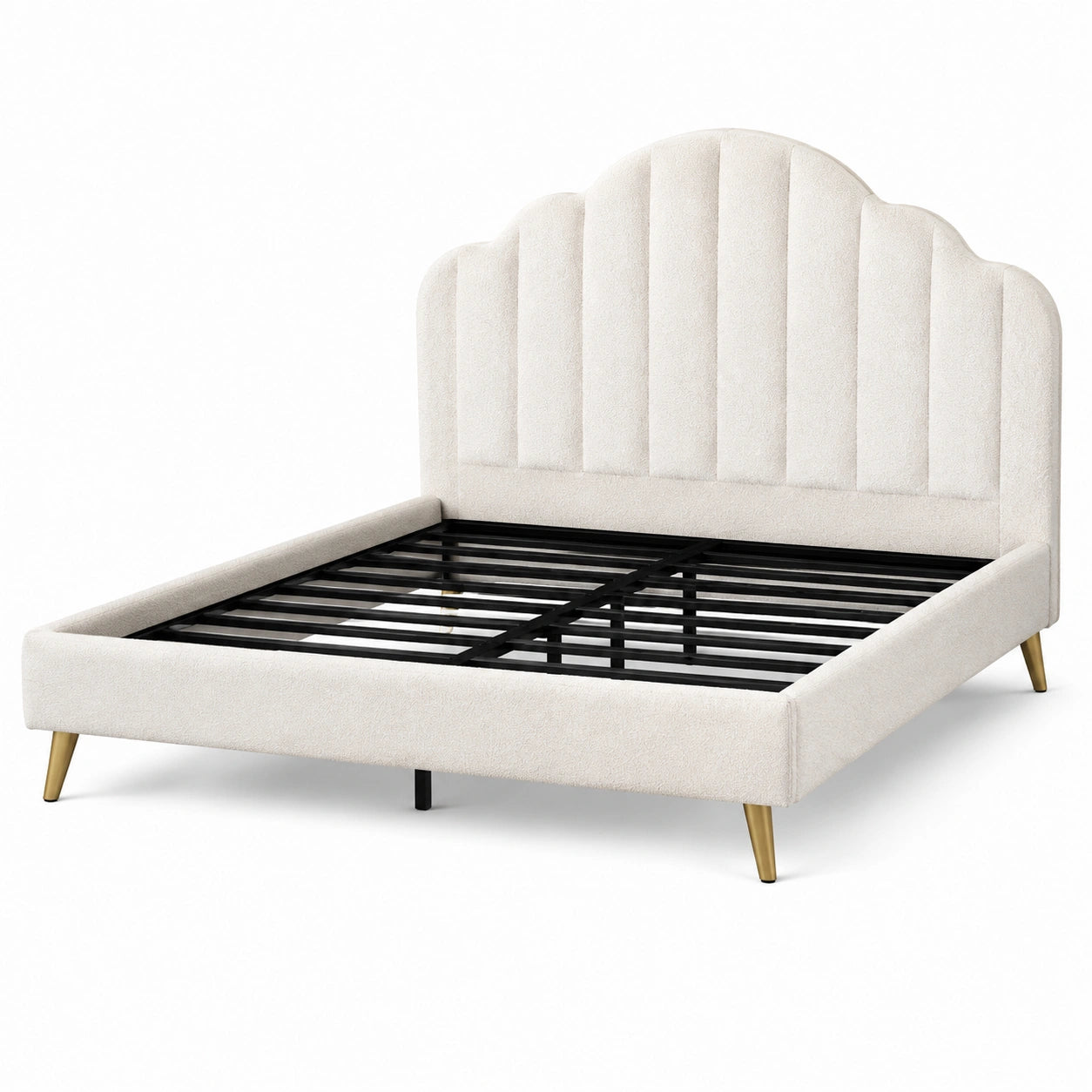 Letto matrimoniale imbottito 160×200 cm in bouclé crema con testiera smerlata