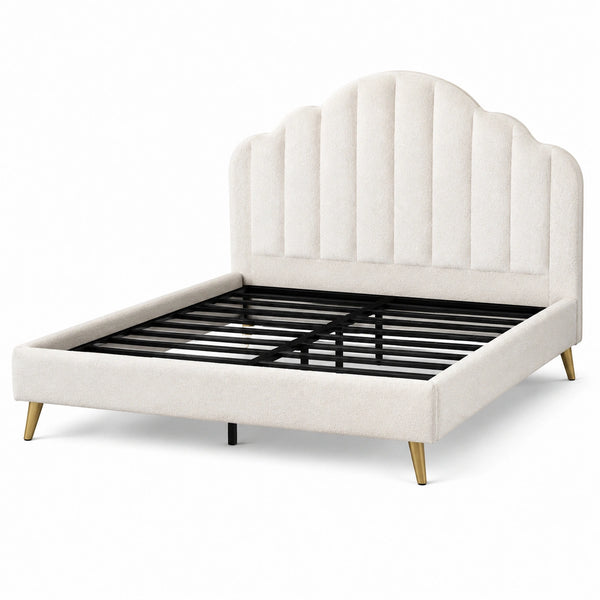 Letto matrimoniale imbottito 160×200 cm in bouclé crema con testiera smerlata