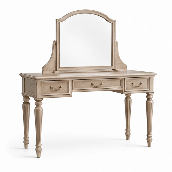 Toeletta in legno beige con specchio, 3 cassetti e maniglie dorate, 120 × 50 × 150 cm