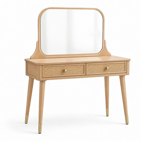 Toeletta con specchio e 2 cassetti, legno naturale e ottone, 110 × 45 × 140 cm, stile rétro