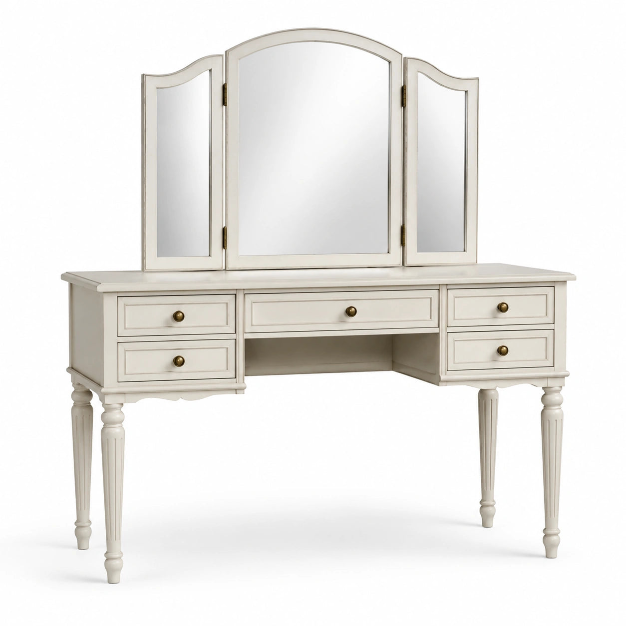 Toeletta classica bianca e oro con specchiera trittica e 5 cassetti, 120 × 50 × 145 cm