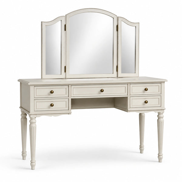 Toeletta classica bianca e oro con specchiera trittica e 5 cassetti, 120 × 50 × 145 cm