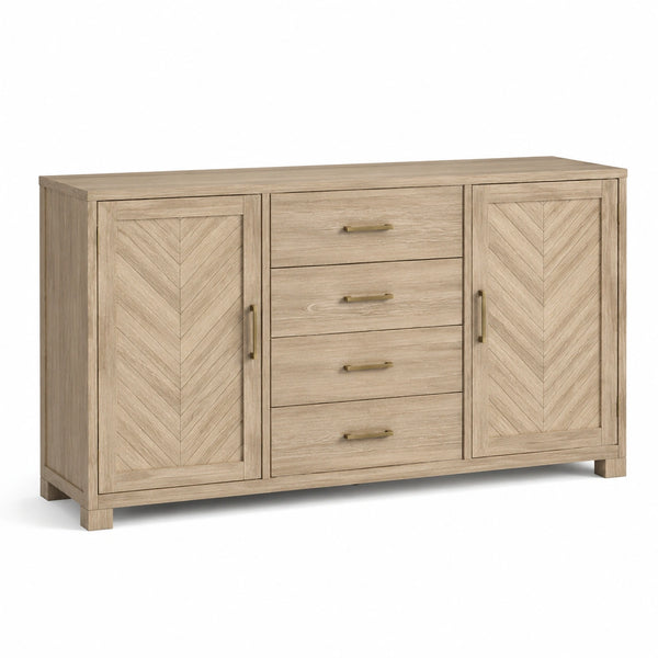 Credenza in legno ingegnerizzato Rovere chiaro e Oro, 160 × 40 × 85 cm, 2 ante e 4 cassetti