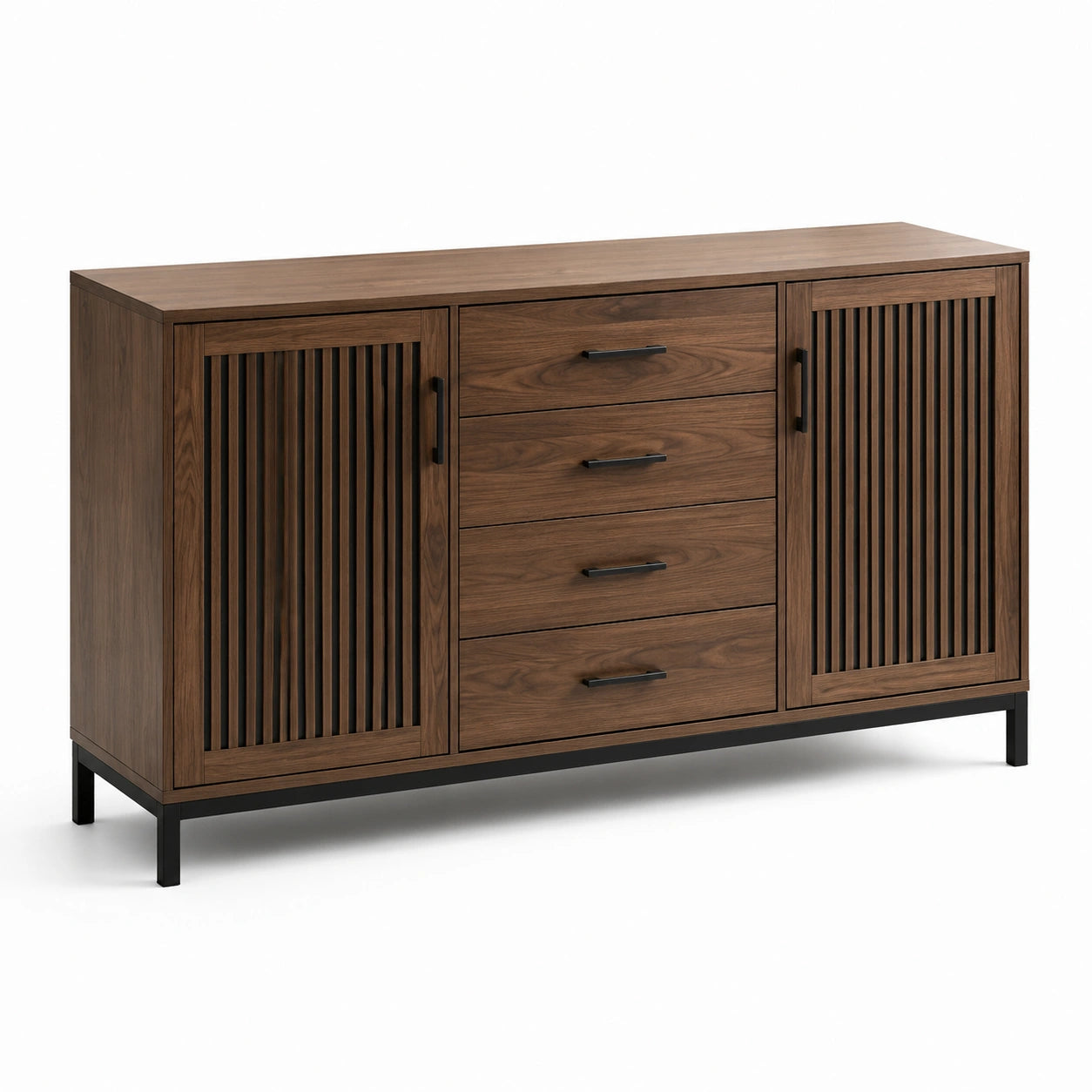 Credenza marrone e nera in legno ingegnerizzato e metallo, 150 × 40 × 85 cm, con 4 cassetti e 2 ante