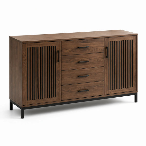 Credenza marrone e nera in legno ingegnerizzato e metallo, 150 × 40 × 85 cm, con 4 cassetti e 2 ante